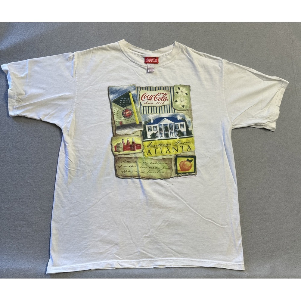 Vintage Coca Cola Shirt Mens L White Atlanta Bottle Graphic Tee Made USA 90s